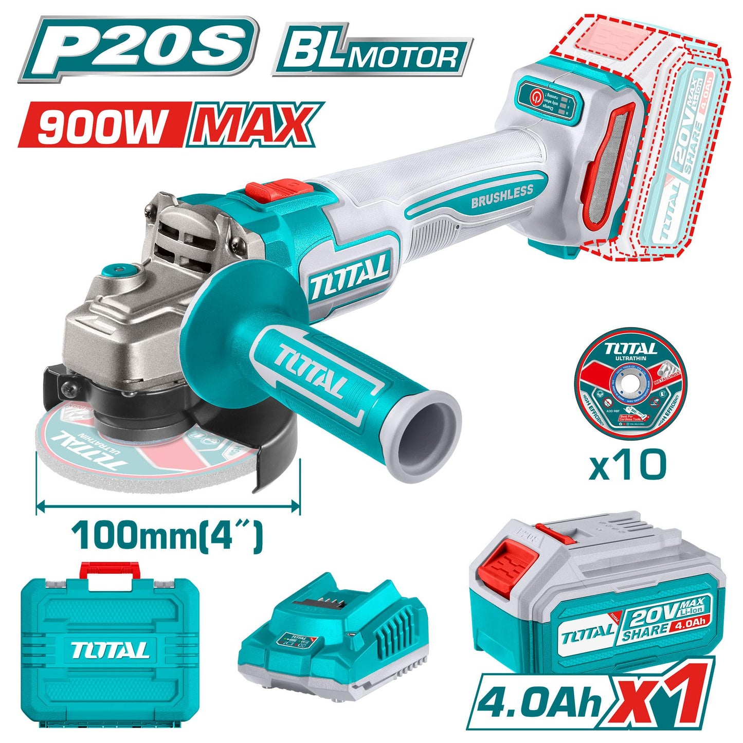 TOTAL 20V Cordless Brushless Angle Grinder TAGLI211041